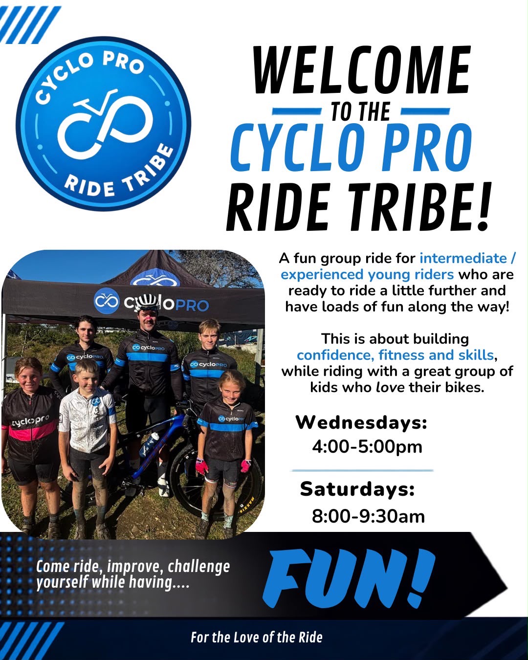 Cyclo Pro Ride Tribe poster – kids group rides on Wednesdays 4:00–5:00pm and Saturdays 8:00–9:30am